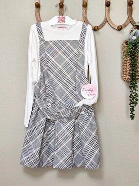 Paisley Lane Girls Size 10 Plaid Pinafore Dress w/ Shirt & Pocket Belt